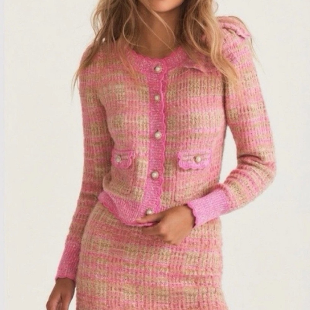 LoveShackFancy Pink and Tan Tweed Cardigan L (large) NWT
